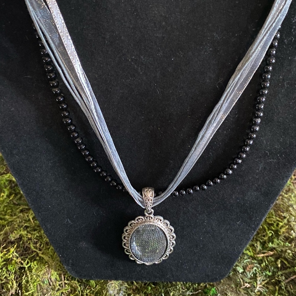 Multi Strand Bead & Ribbon With Net Pendant Neckl… - image 1